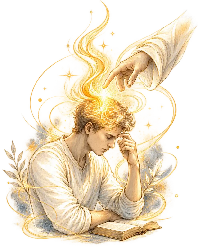 Contemplative person with an awakened mind, golden flame, and heavenly touch