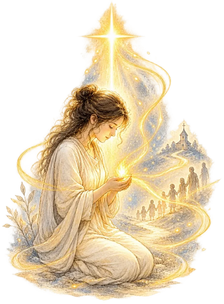 Woman kneeling in prayer with light shining from within her beneath a cross